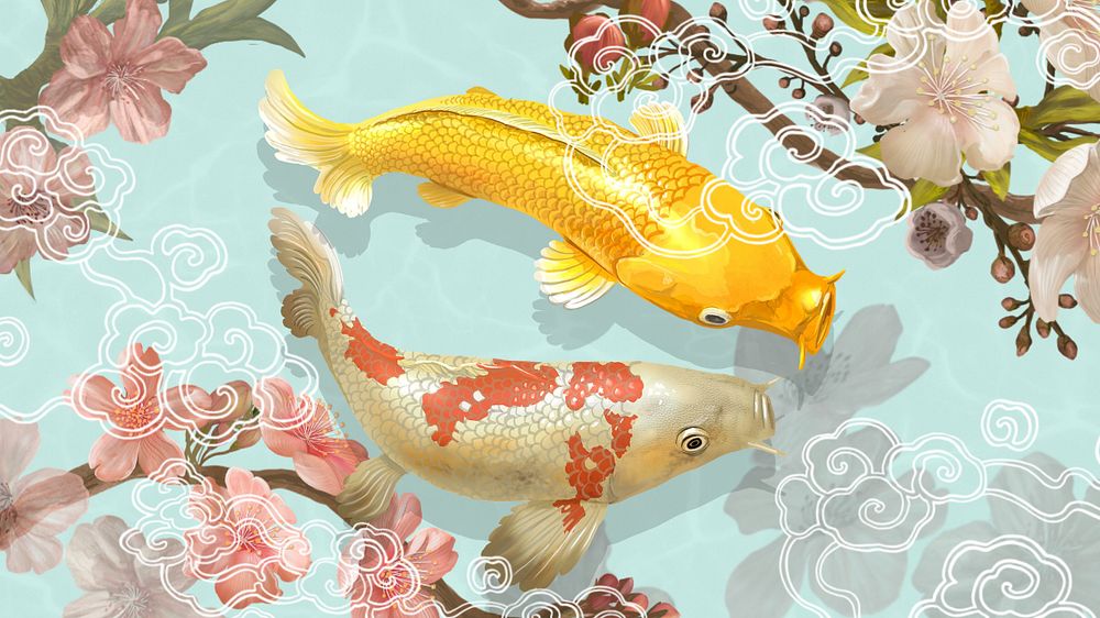 Traditional Koi fish desktop wallpaper, Japanese animal illustration, editable design