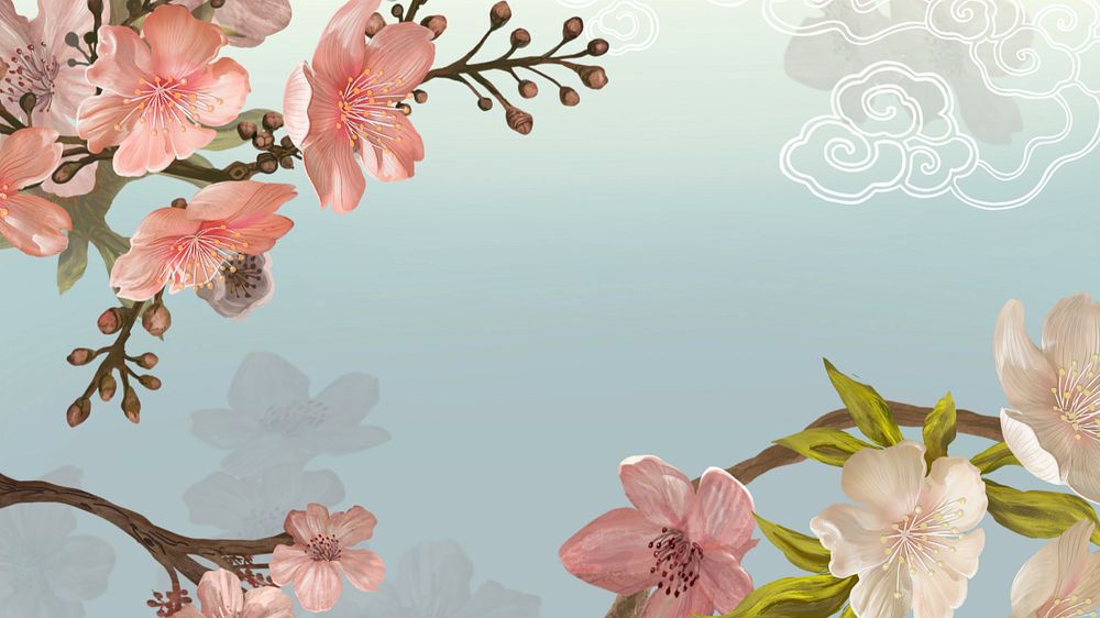 Japanese sakura aesthetic desktop wallpaper, traditional flower border background, editable design