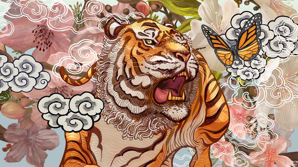 Japanese roaring tiger computer wallpaper, vintage animal illustration, editable design