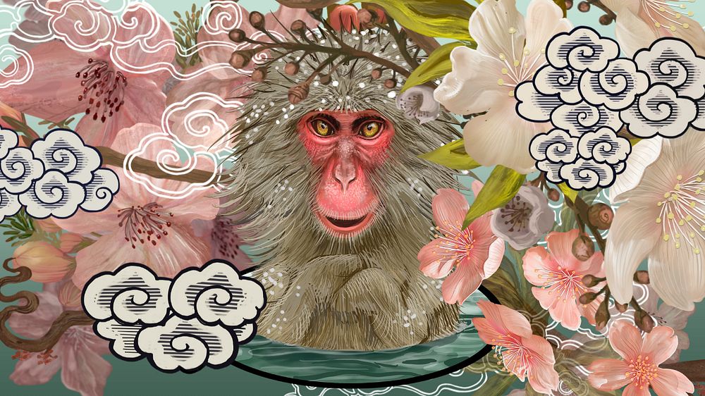 Japanese macaques onsen desktop wallpaper, vintage animal illustration, editable design