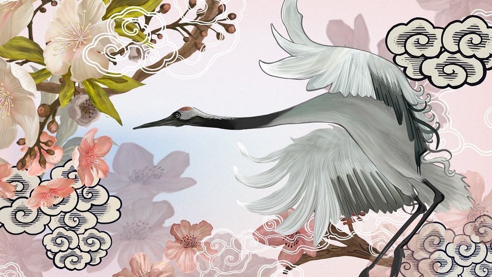 Flying Japanese crane computer wallpaper, traditional animal illustration, editable design