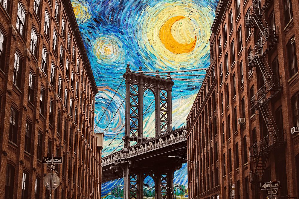 Manhattan Bridge background, Starry Night art remix. Remixed by rawpixel.