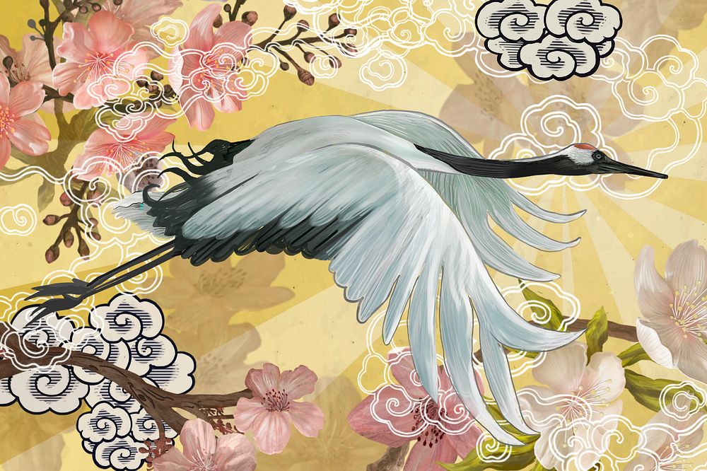 Flying Japanese crane background, traditional animal illustration, editable design