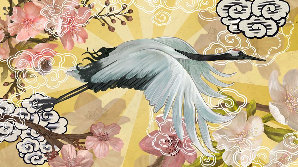 Flying Japanese crane computer wallpaper, traditional animal illustration, editable design