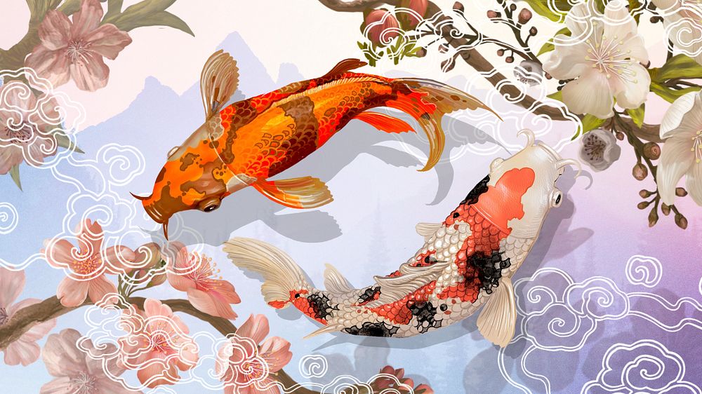 Traditional Koi fish desktop wallpaper, Japanese animal illustration, editable design