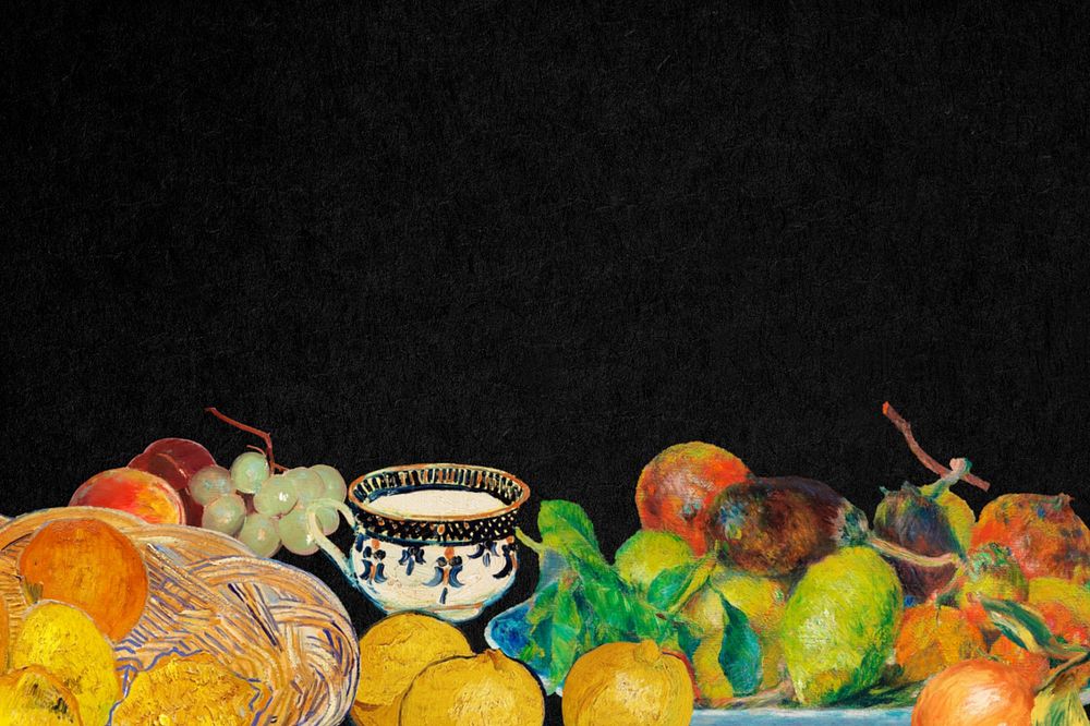 Vintage fruit border black background, editable famous painting design, remixed by rawpixel