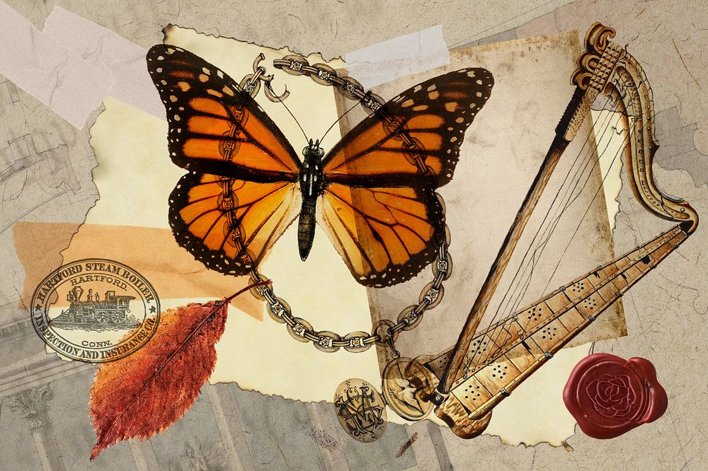 Vintage butterfly collage background, paper crafts, editable design