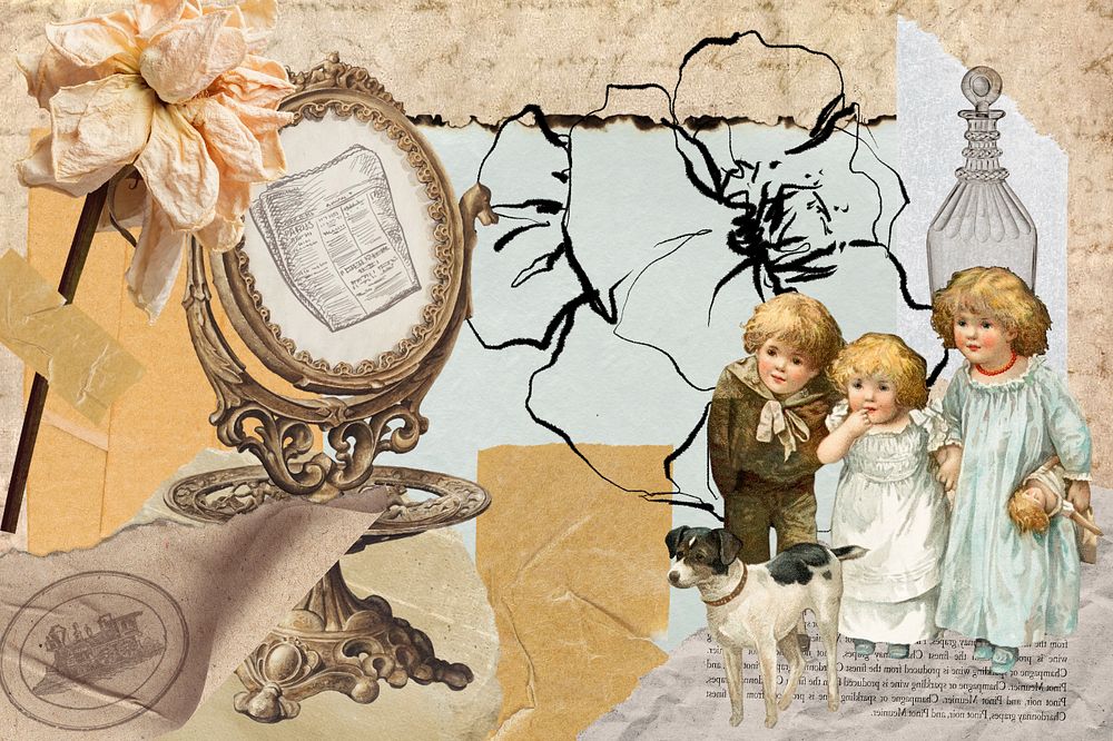 Antique objects collage background, ephemera style, editable design