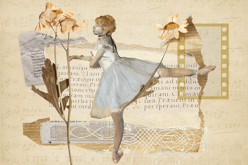 Ballerina aesthetic collage background, vintage paper texture, editable design