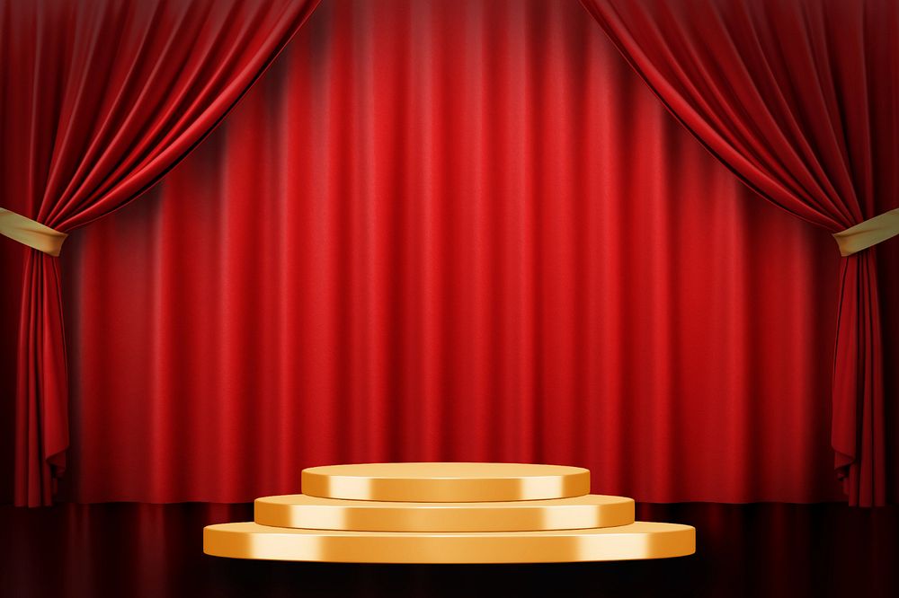 Red curtain product backdrop, 3D podium display, editable design