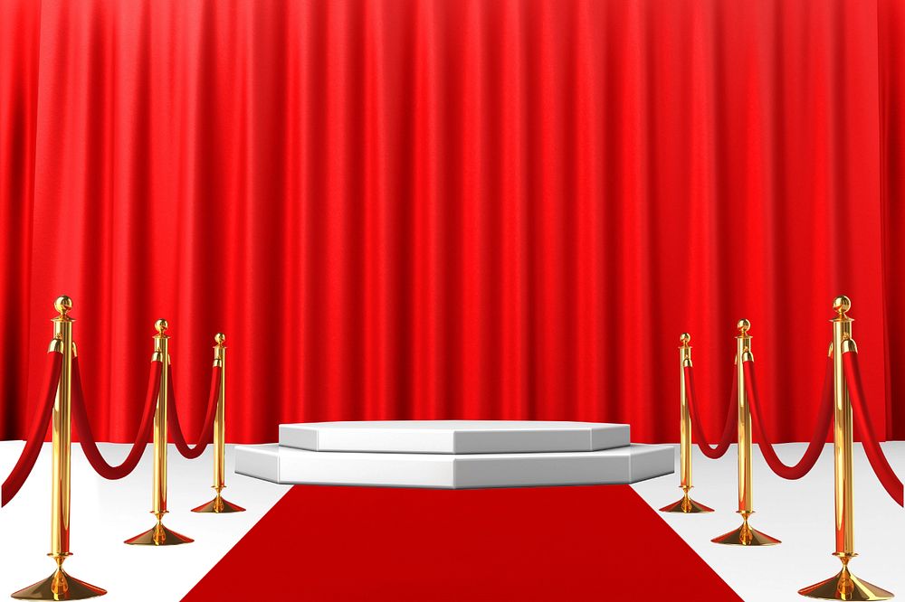 Red curtain product backdrop, 3D podium display, editable design