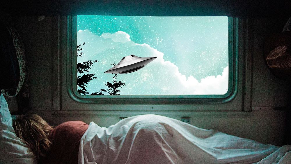 Sleeping woman computer wallpaper, UFO design. Remixed by rawpixel.