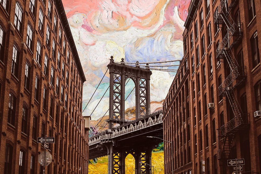 Manhattan Bridge background, Van Gogh art remix. Remixed by rawpixel.