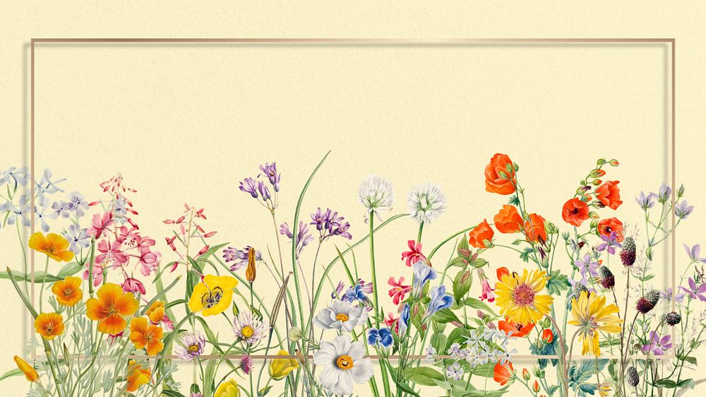 Gold frame computer wallpaper, editable vintage flower border illustration design