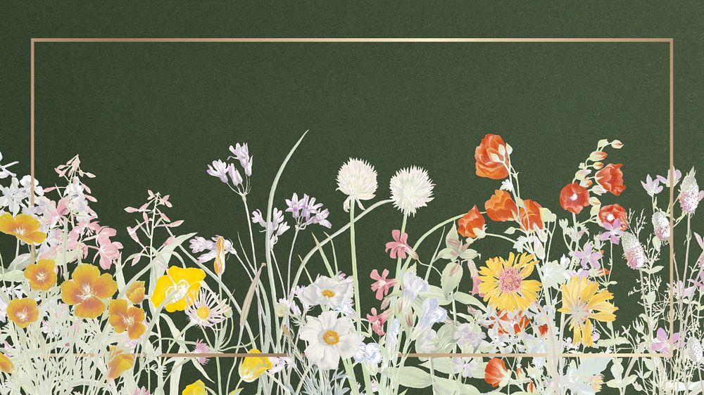 Gold frame computer wallpaper, editable vintage flower border illustration design