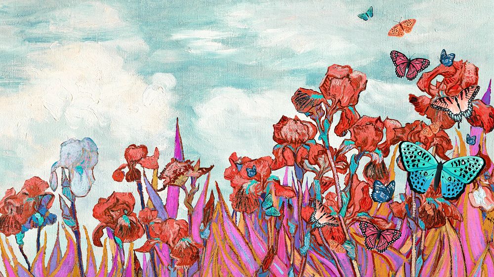 Van Gogh's Irises desktop wallpaper. Remixed by rawpixel.