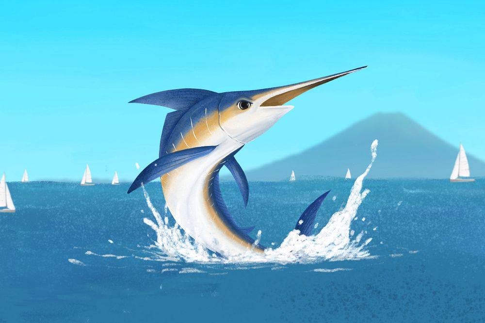 Swordfish on blue background, customizable aesthetic illustration remix