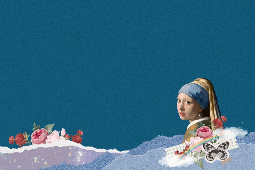 Vermeer pearl earring collage background, customizable design. Famous artwork remixed by rawpixel.