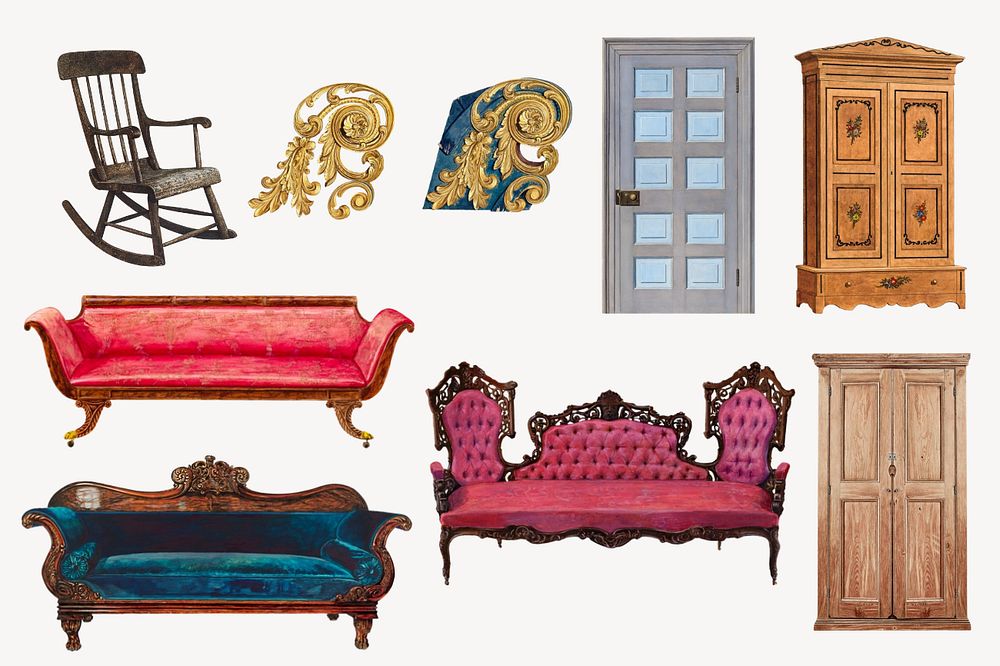 Editable Victorian furniture, home decor design set, remixed by rawpixel