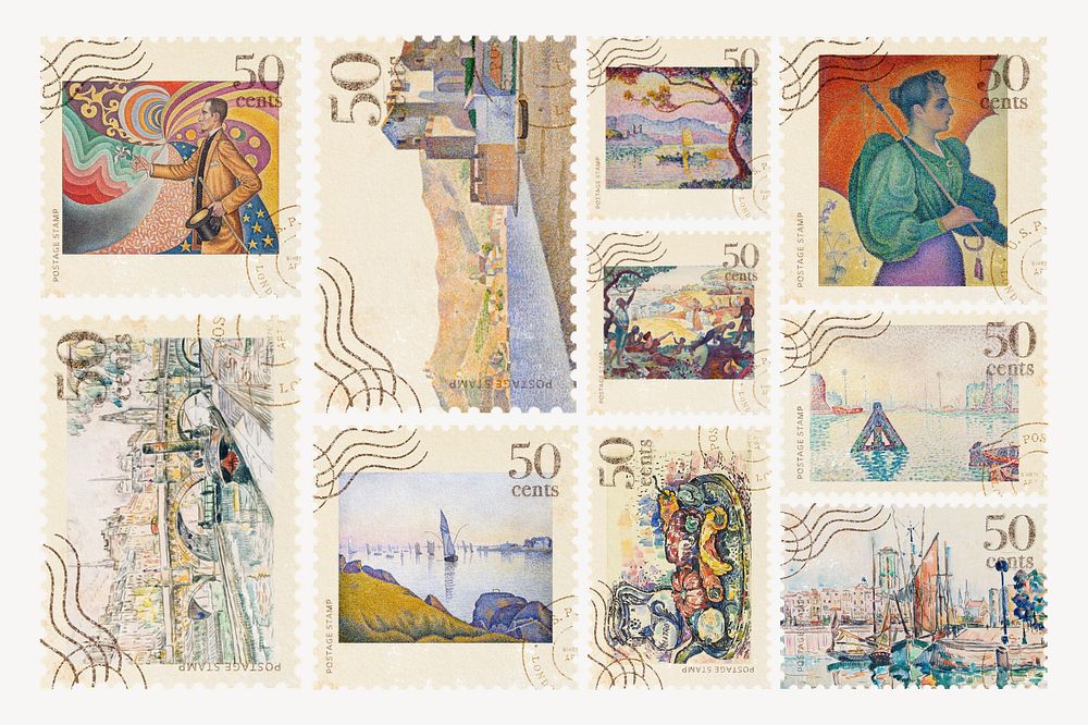 Paul Signac's vintage postage stamp, editable famous painting set, remixed by rawpixel