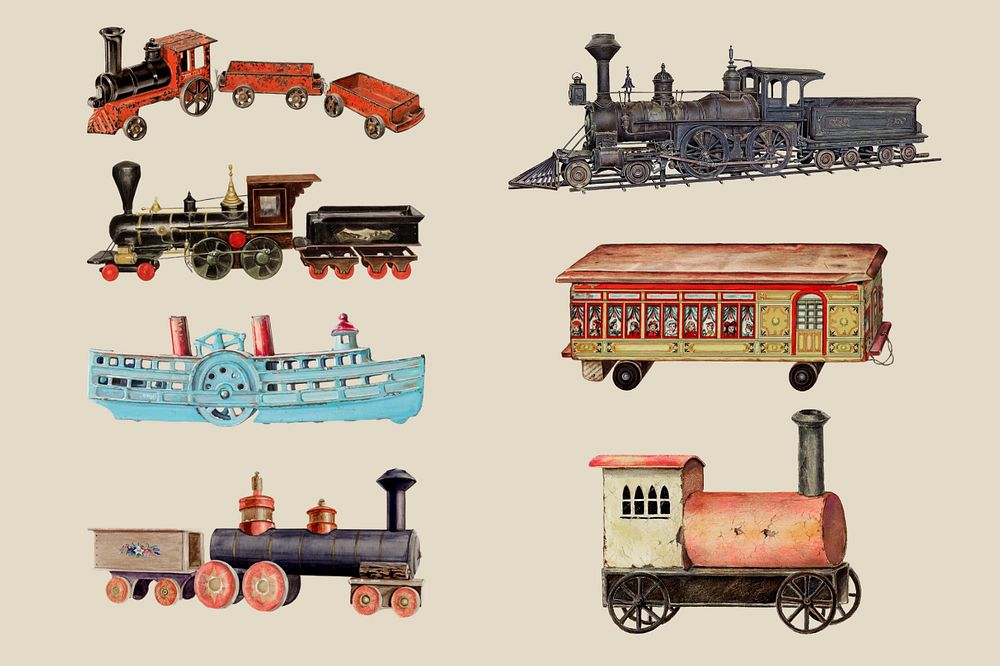 Vintage transportation, editable train and ship set, remixed by rawpixel