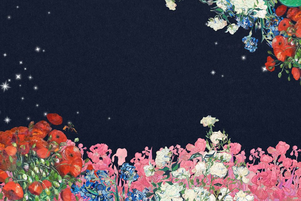 Floral border dark blue background, editable famous painting design, remixed by rawpixel