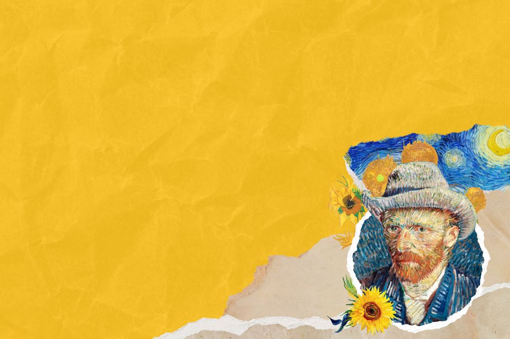 Van Gogh's self-portrait border background, editable wrinkled yellow paper texture design, remixed by rawpixel