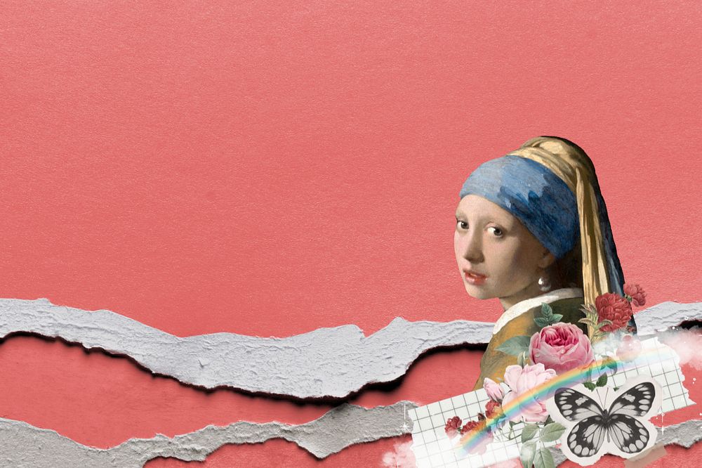 Vermeer girl ripped paper background, customizable design. Famous artwork remixed by rawpixel.