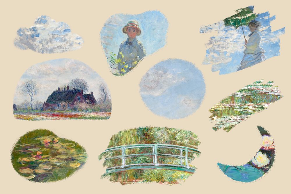 Claude Monet's famous painting badge, editable design set, remixed by rawpixel