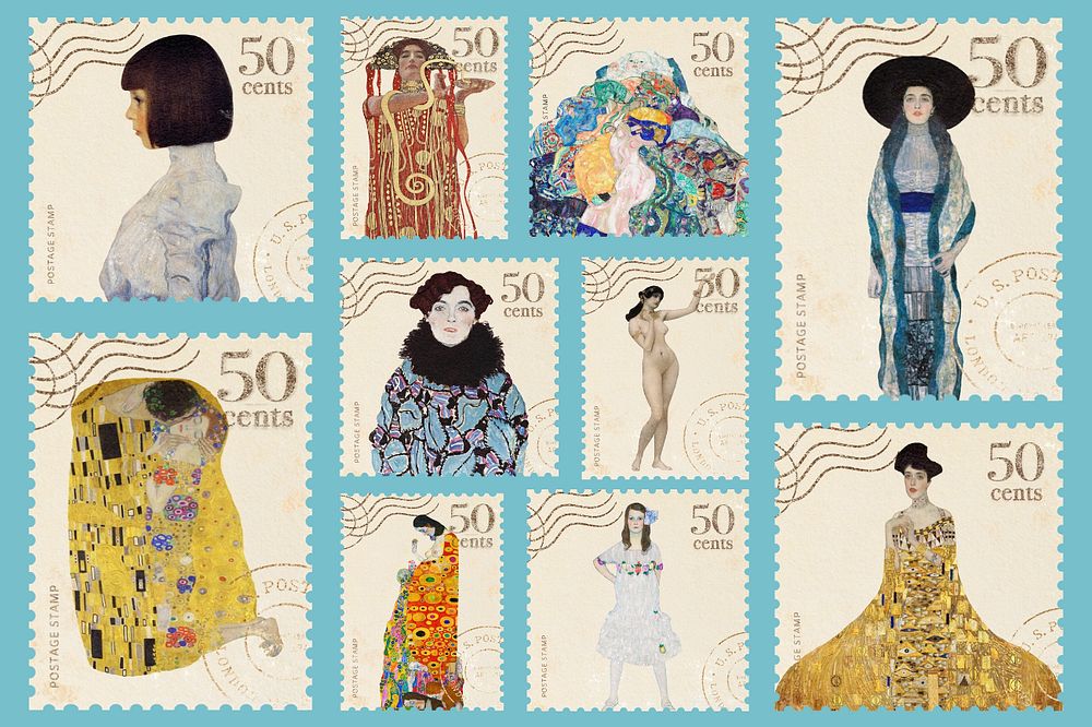 Gustav Klimt's vintage postage stamp, editable famous painting set , remixed by rawpixel