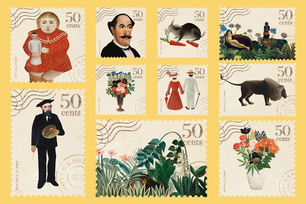 Editable vintage postage stamp, Henri Rousseau's famous painting set, remixed by rawpixel