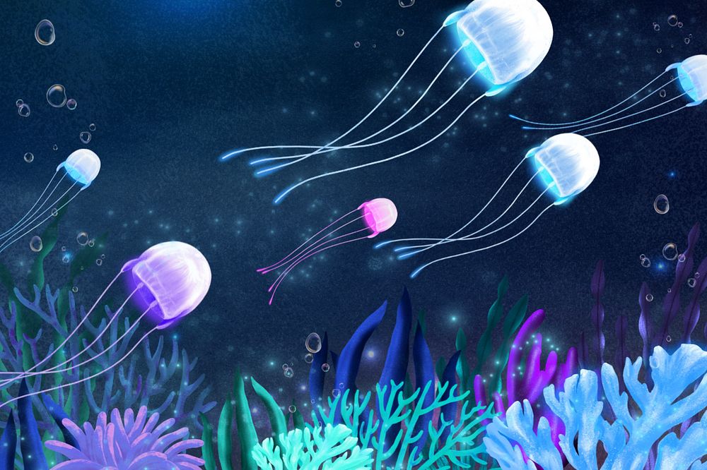 Neon jellyfish, dark background, customizable aesthetic illustration remix