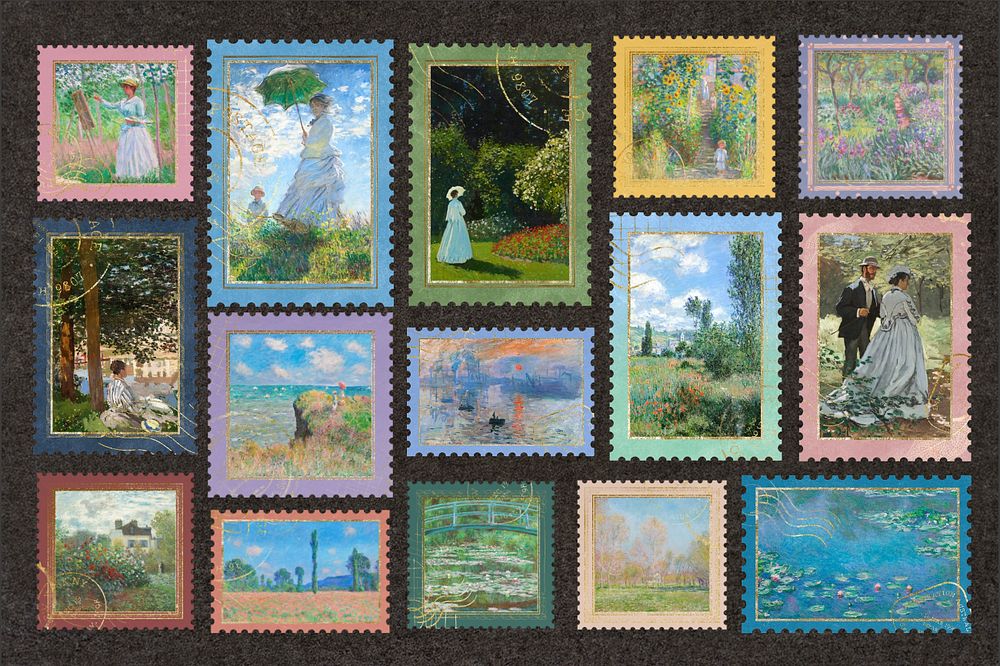 Claude Monet's painting postage stamp, famous artwork set, remixed by rawpixel