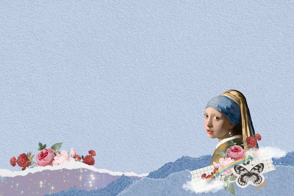 Vermeer pearl earring collage background, customizable design. Famous artwork remixed by rawpixel.