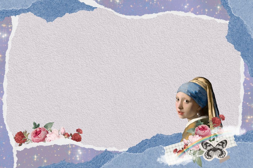 Vermeer girl ripped paper frame, editable background design. Famous artwork remixed by rawpixel.