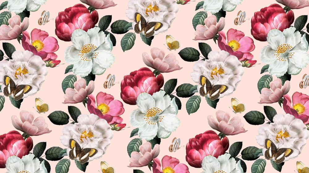 Watercolor flower pattern desktop wallpaper, editable aesthetic botanical illustration