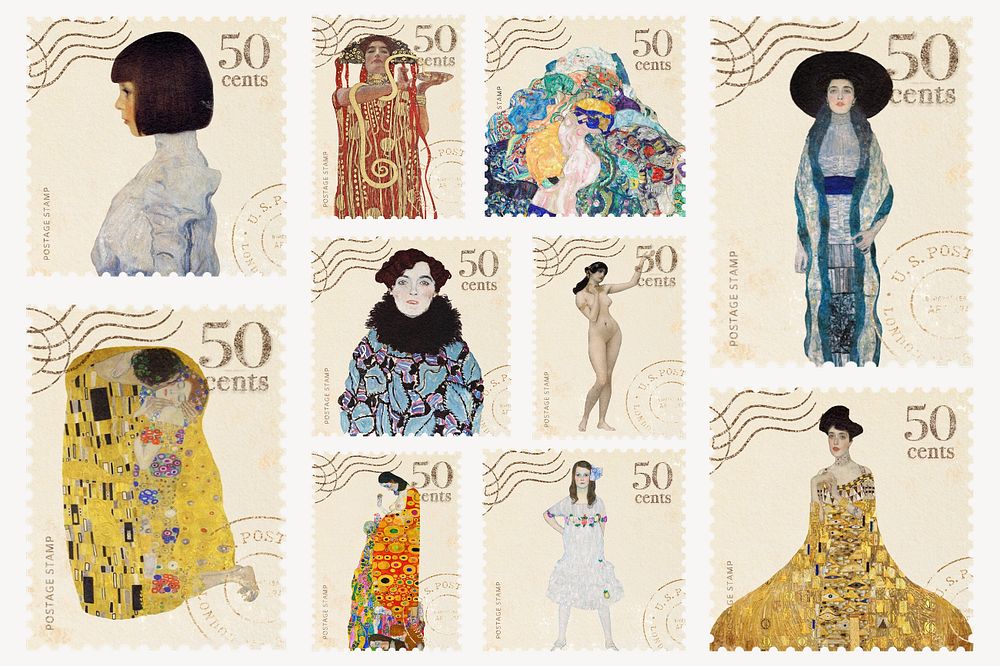 Editable vintage postage stamp, Gustav Klimt's famous painting set , remixed by rawpixel