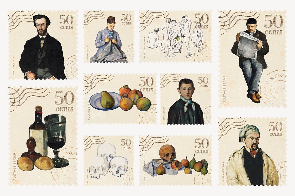 Editable vintage postage stamp, Paul Cezanne's famous painting set, remixed by rawpixel