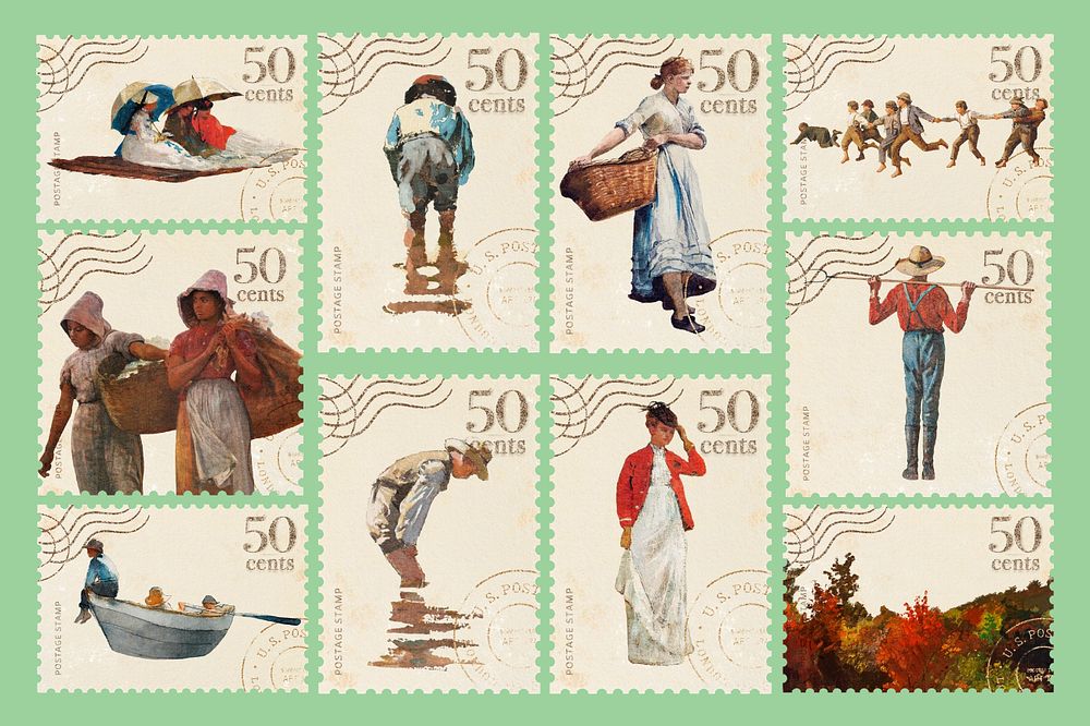 Editable vintage postage stamp, Winslow Homer's famous painting set, remixed by rawpixel