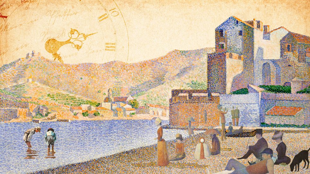 Beach town desktop wallpaper, editable design. Famous artwork by Paul Signac, remixed by rawpixel.