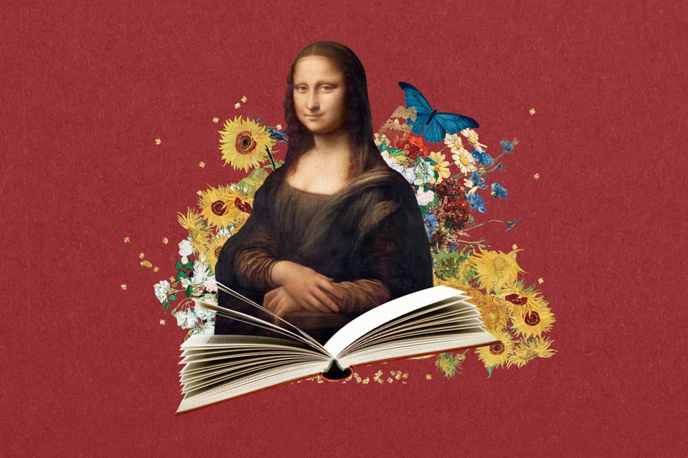 Mona Lisa red background, customizable design. Artwork by Leonardo da Vinci, remixed by rawpixel.