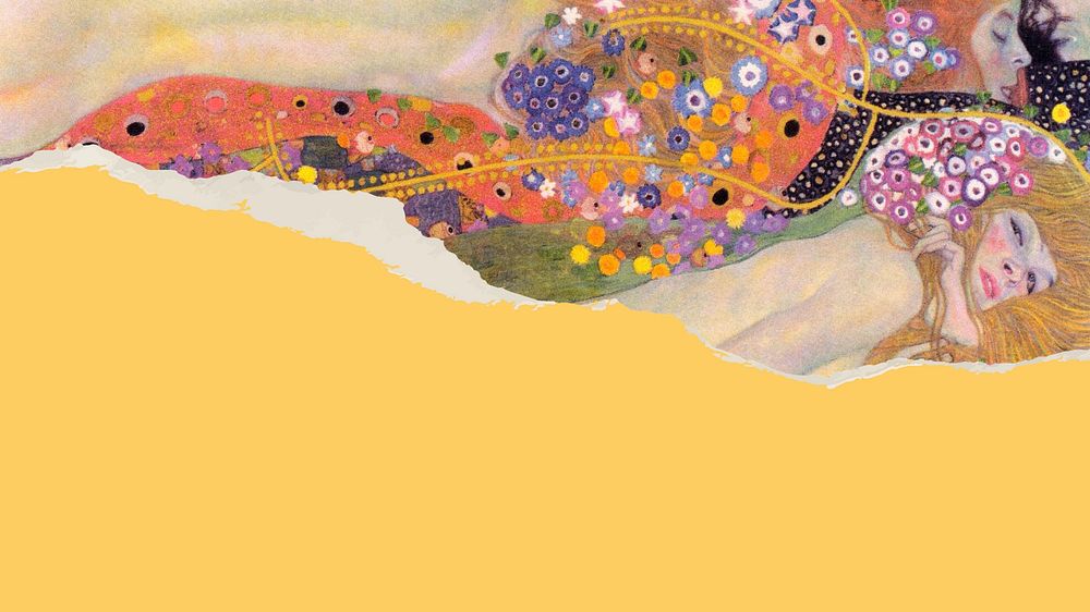 Gustav Klimt's painting desktop wallpaper, editable Water Serpents II ripped paper design, remixed by rawpixel