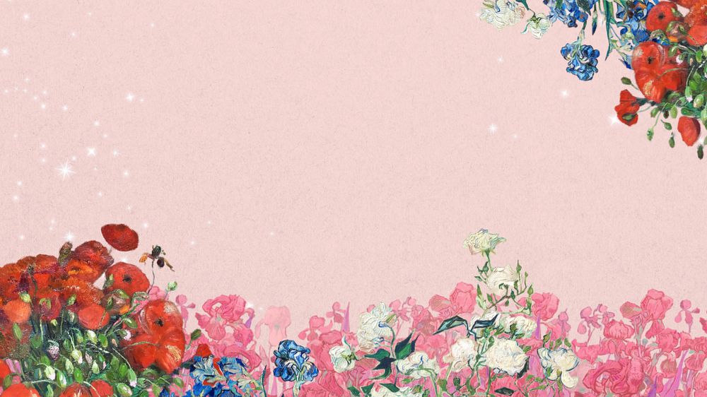 Floral border pink desktop wallpaper, editable famous flower painting design, remixed by rawpixel