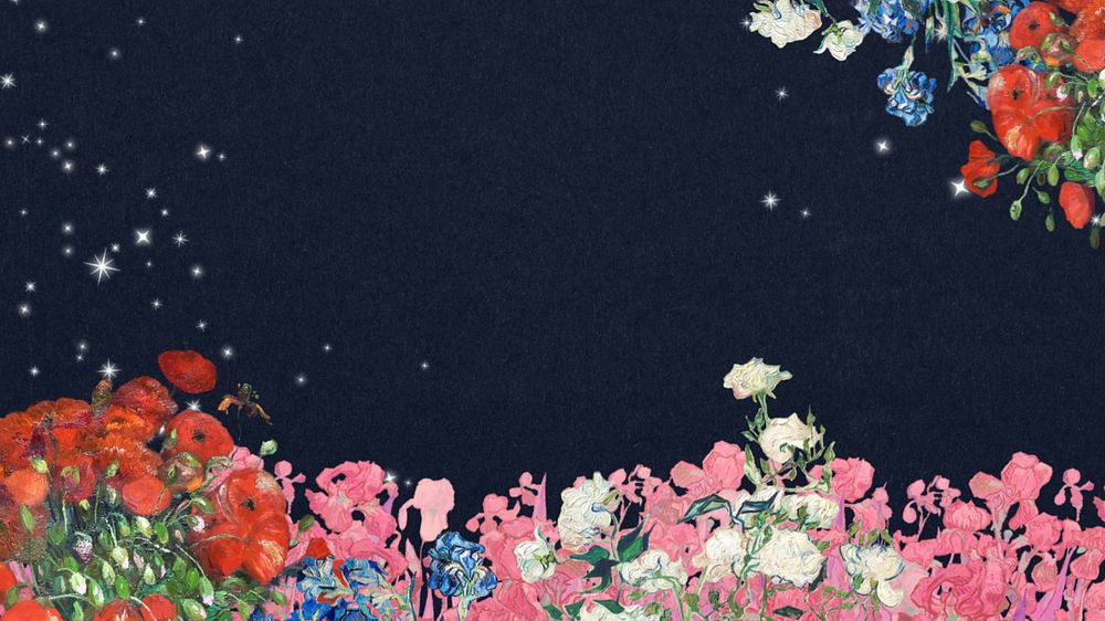 Floral border blue desktop wallpaper, editable famous painting design, remixed by rawpixel