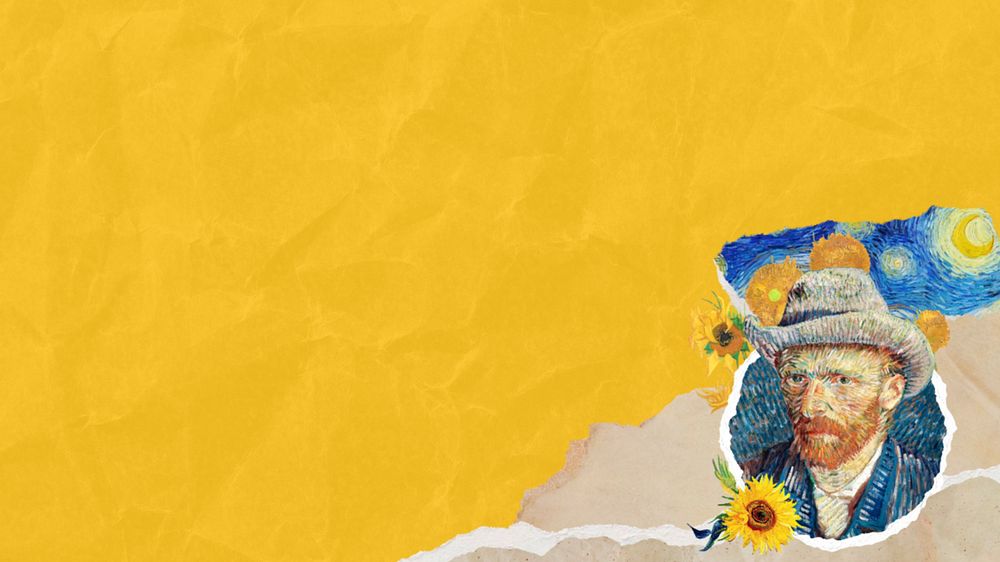 Wrinkled yellow paper desktop wallpaper, editable Van Gogh's self-portrait border, remixed by rawpixel