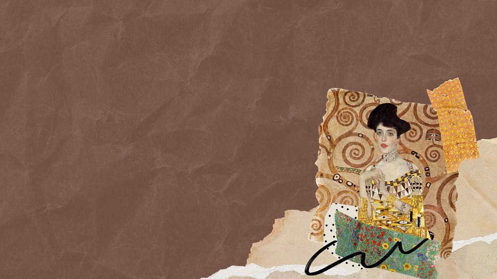 Gustav Klimt's wrinkled desktop wallpaper, editable ripped paper border design, remixed by rawpixel