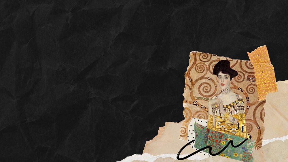 Wrinkled brown paper desktop wallpaper, editable Gustav Klimt's famous painting border design, remixed by rawpixel