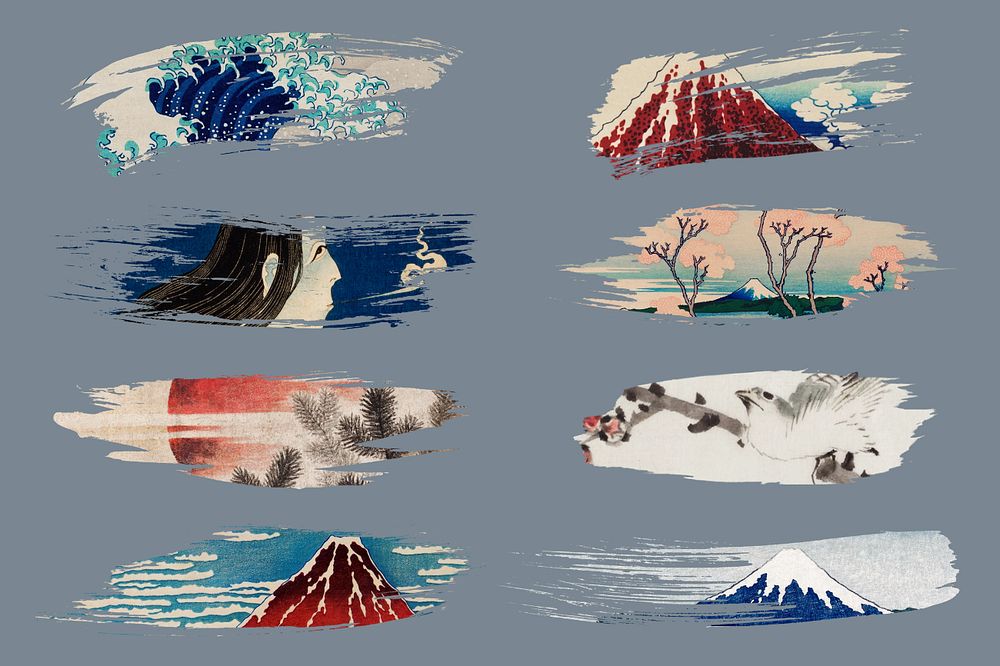 Famous Japanese painting brush stroke, editable design set, remixed by rawpixel