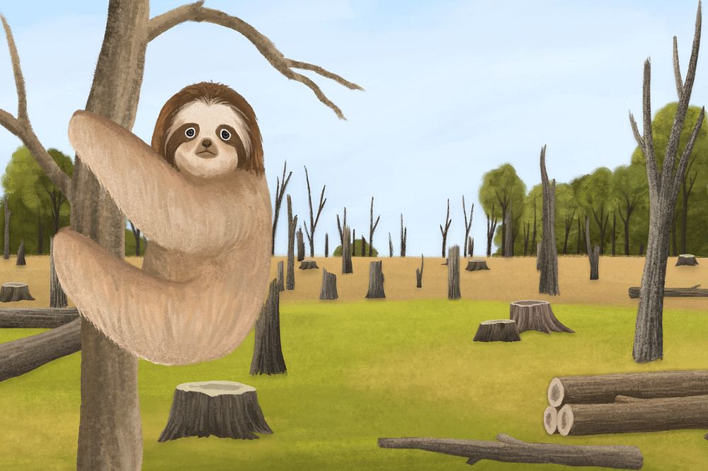 Deforestation sloth habitat background, customizable aesthetic illustration remix