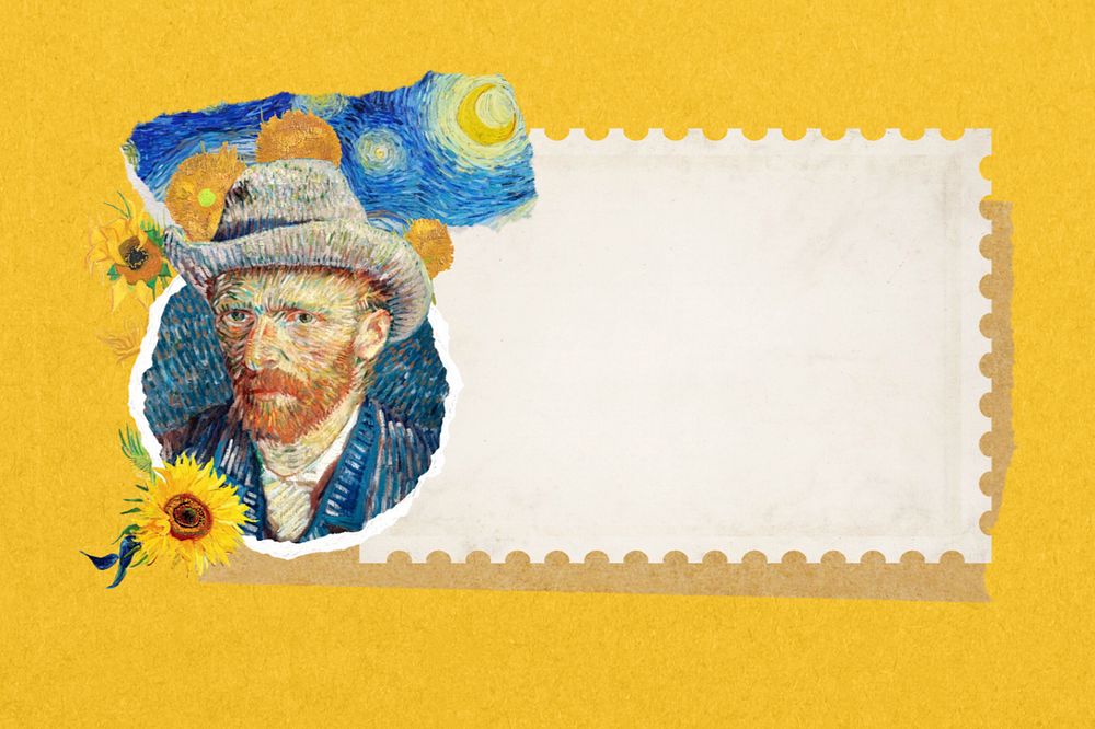 Van Gogh's self-portrait postage stamp collage element design, remixed by rawpixel